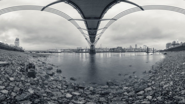 Under The Bridge - View of the RIver Thames and London Skyline from underneath the Millennium Bridge. London Black & White Fine Art Photographic Print
