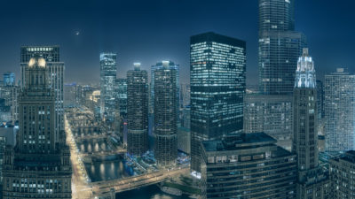 High Resolution Fine Art Print, the night view of the Chicago Cityscape along the Chicago River.