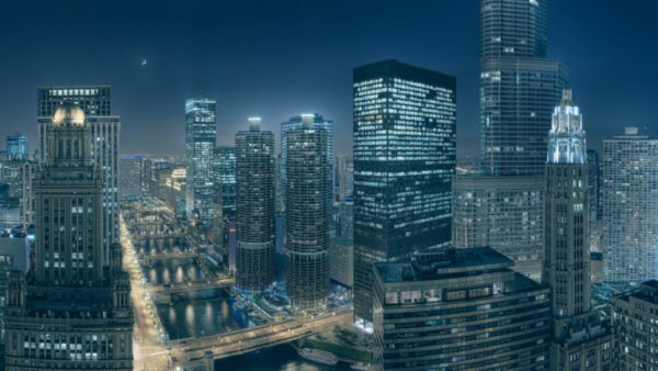 High Resolution Fine Art Print, the night view of the Chicago Cityscape along the Chicago River.